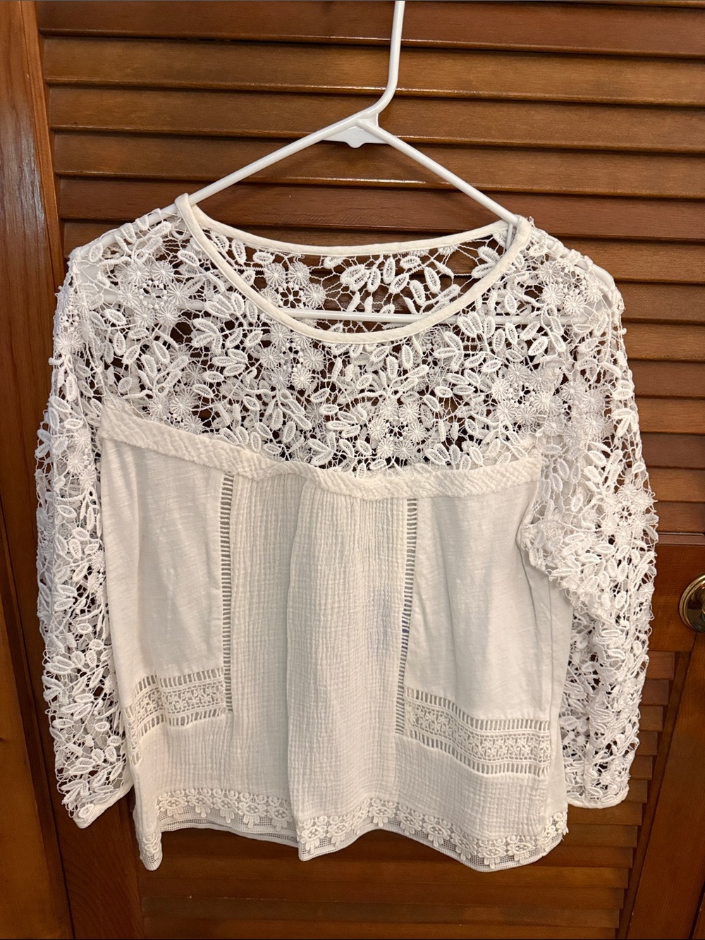 Lace Yoke White Cotton-Blend Peasant Blouse